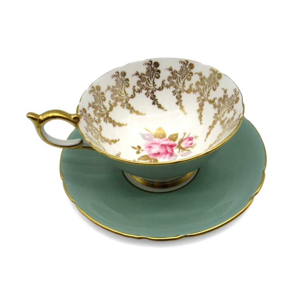 AYNSLEY Large Mouth Wide Teacup and Saucer Gold Filigree Floral Design England V